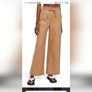 Open Edit Faux Leather Tan Wide-Leg Pants